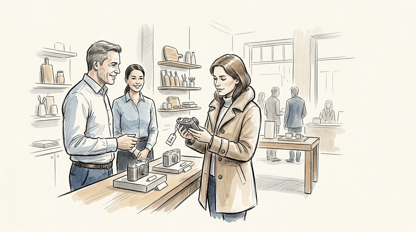Customer examining a camera while two sales staff assist in a camera shop