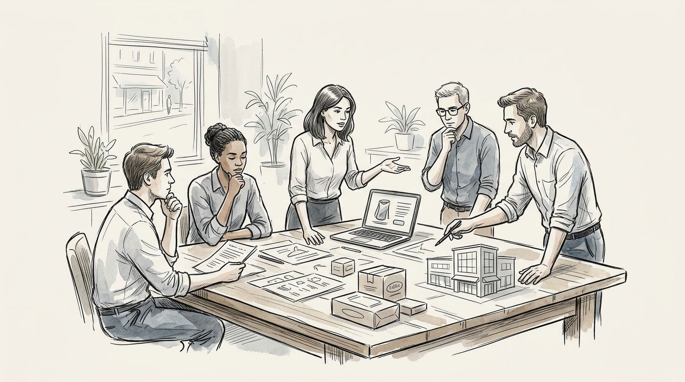 Five people collaborating around architectural plans and product concepts
