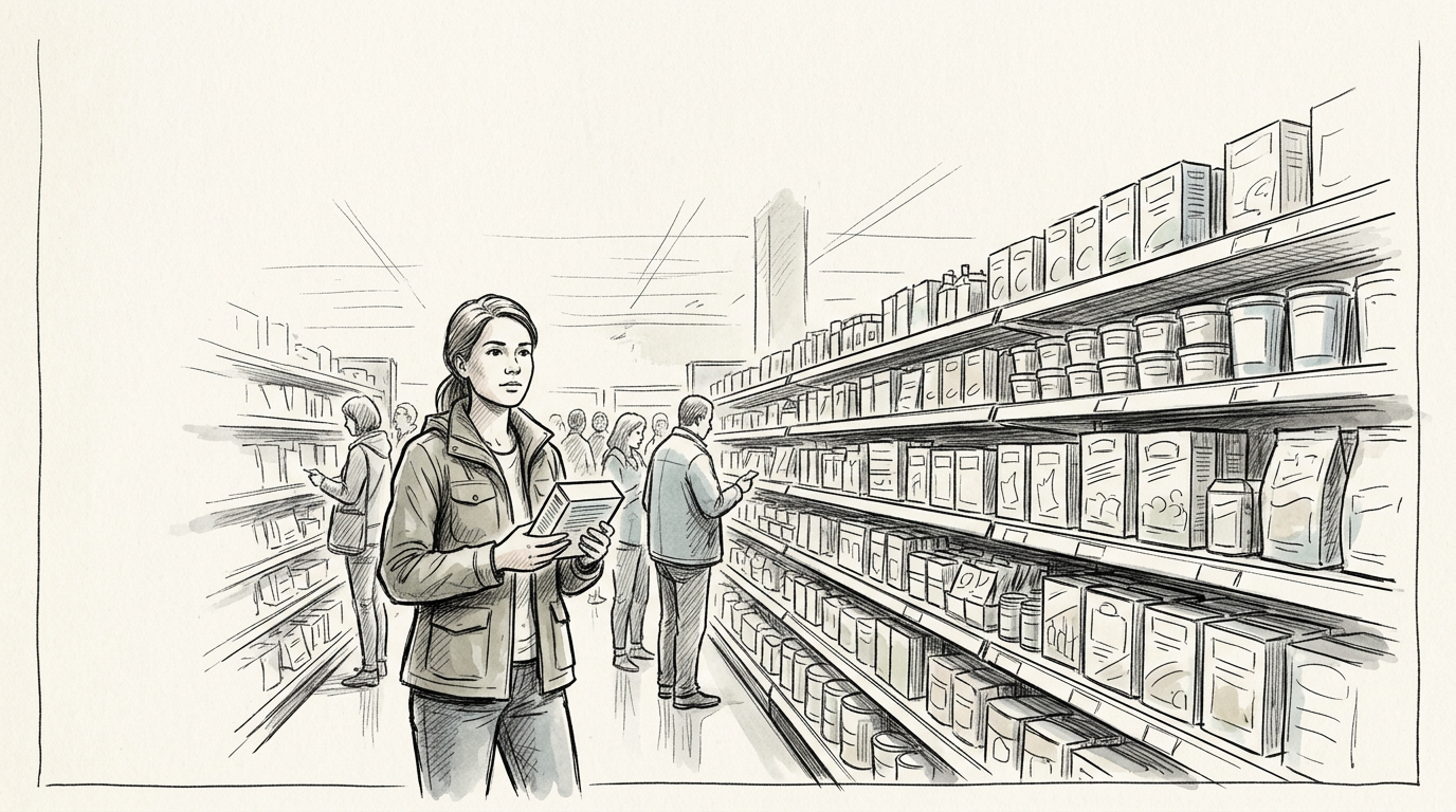 Shoppers browsing and comparing products in a grocery store aisle