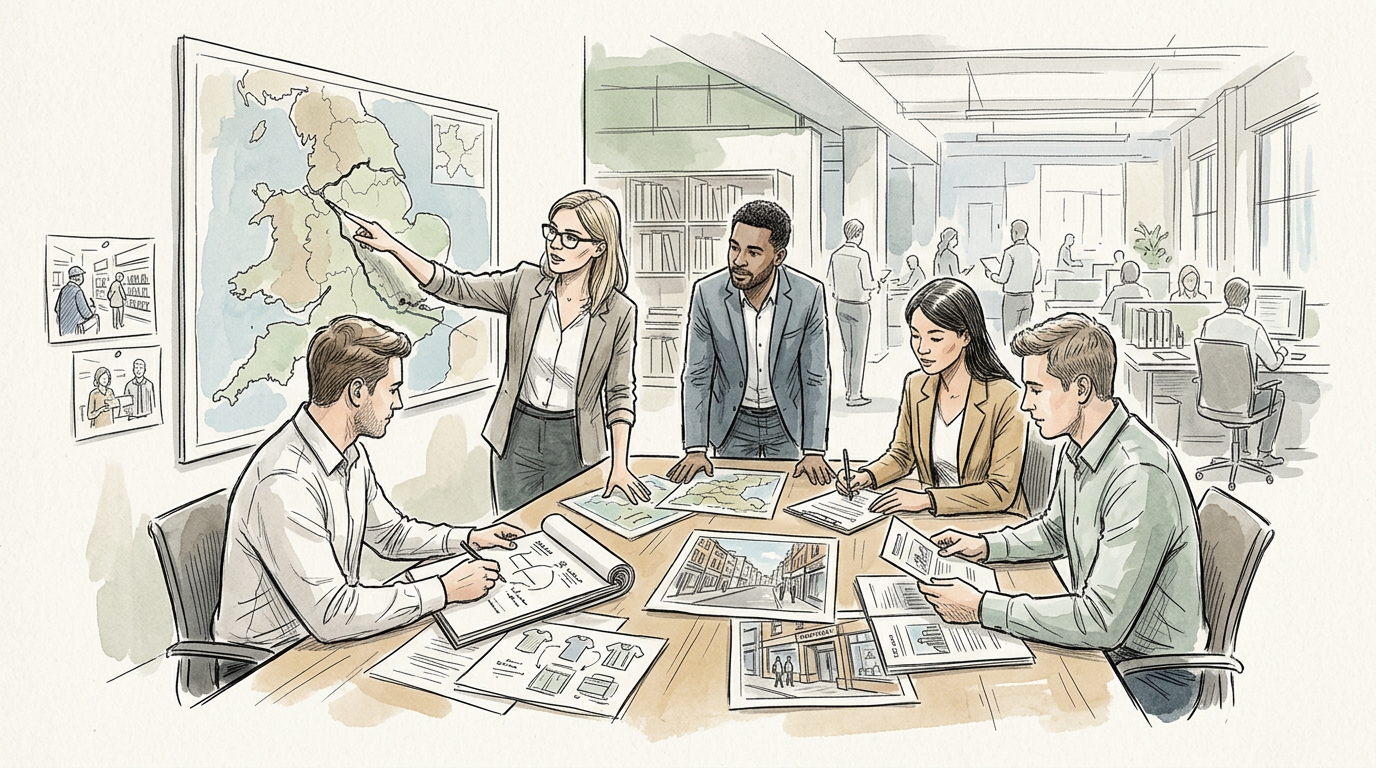 Team planning regional market expansion with customer research