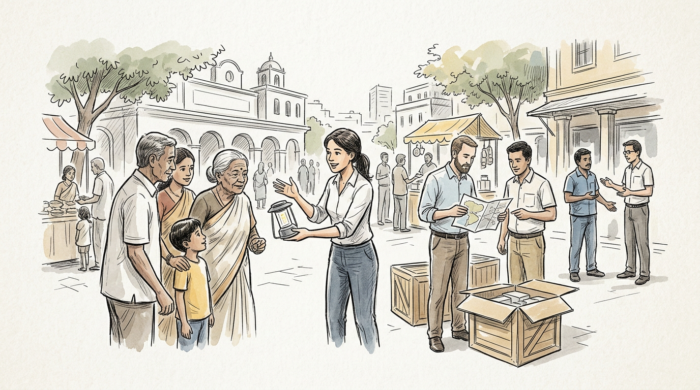 Community coordinator speaking with a family and visitors in a marketplace
