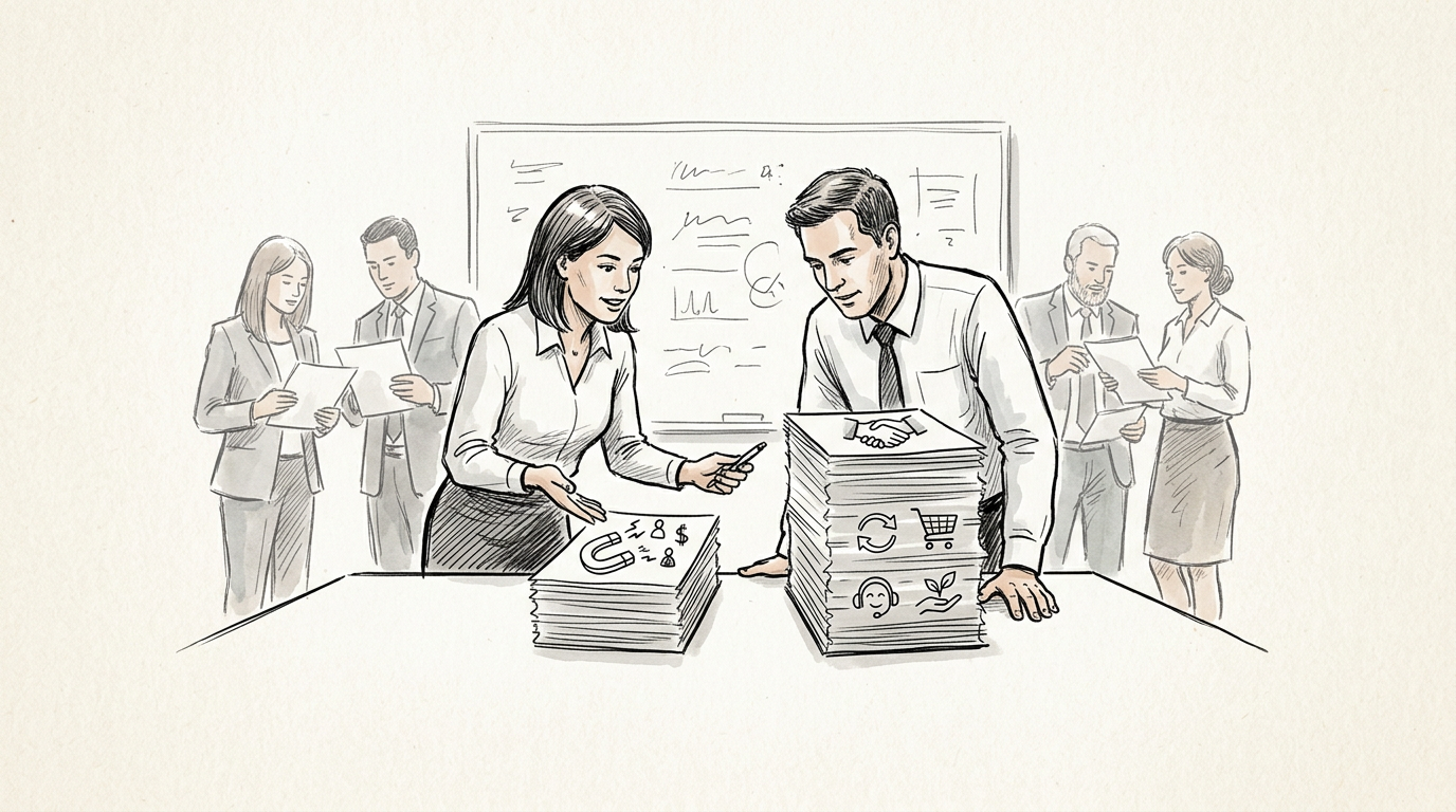 Business professionals discussing reports beside stacks of strategy documents
