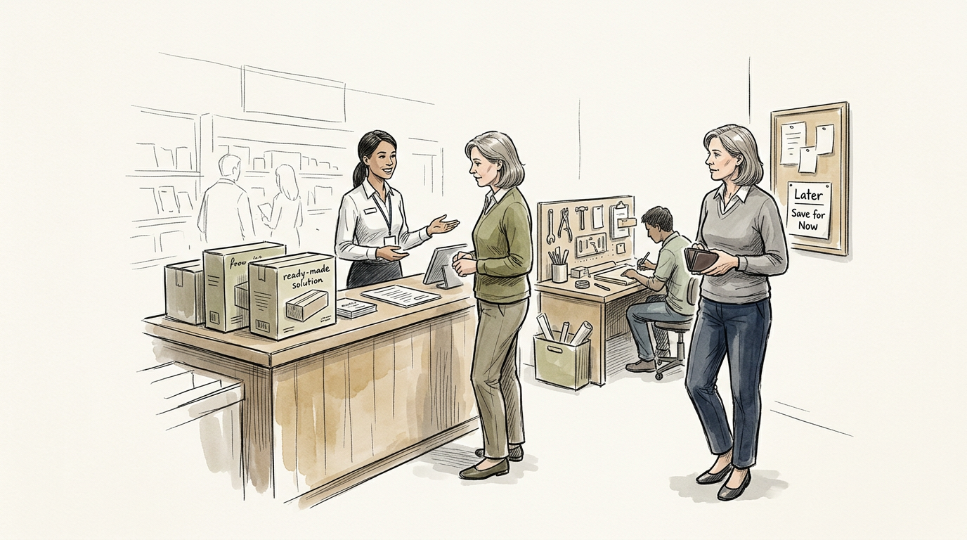 Team collaborating in a workplace; boxes labeled “ready-made solution” and sign reading “Later Save for Now.”