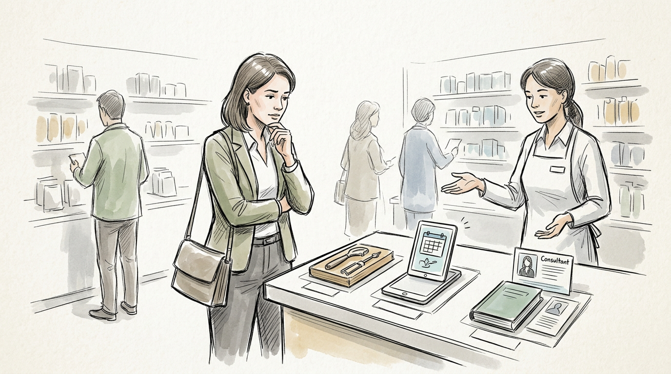 Consultant assisting a customer in a showroom; badge reads “Consultant”