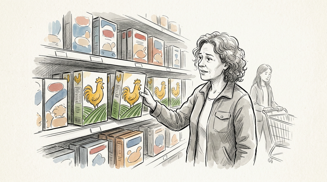 Shopper examining boxed products on a supermarket shelf