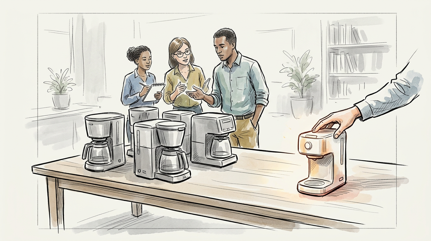 Three colleagues compare coffee makers beside a table of machines
