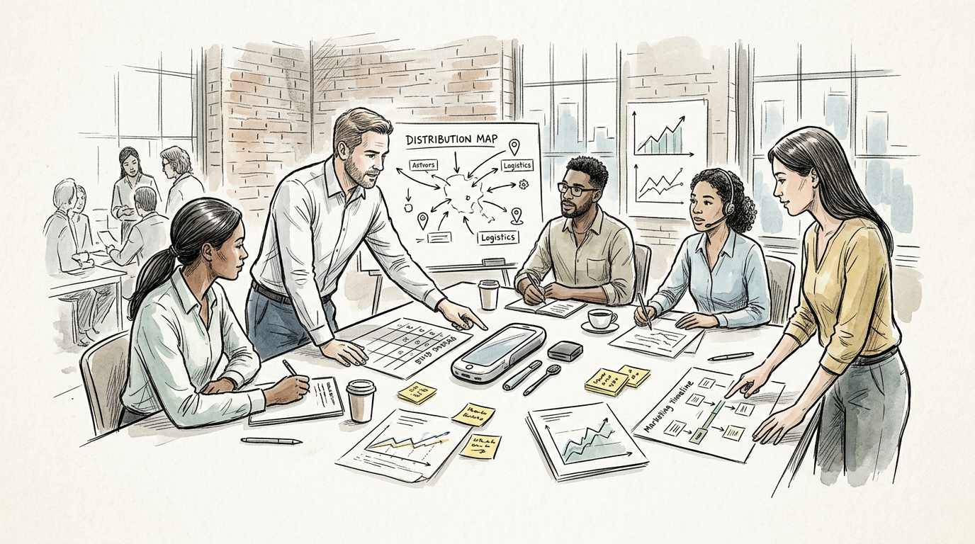 Cross-functional team coordinating product launch