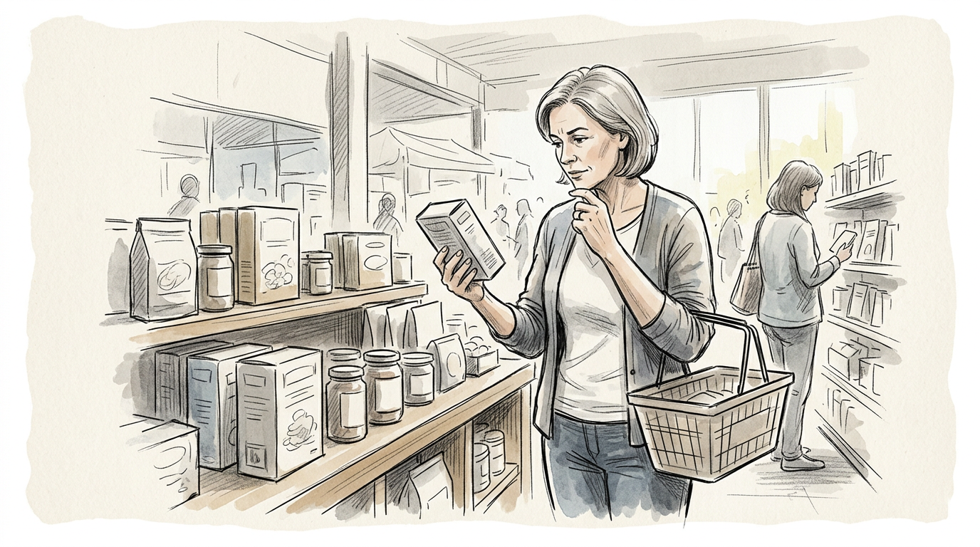 Woman reading a product label while shopping in a grocery store