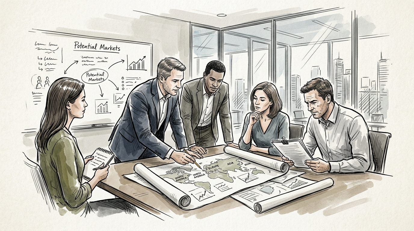 Business team planning global markets around a table with charts