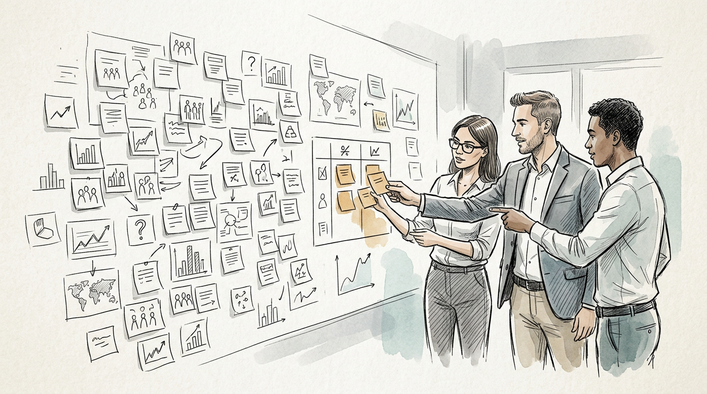 Three colleagues discussing charts and sticky notes on a planning wall
