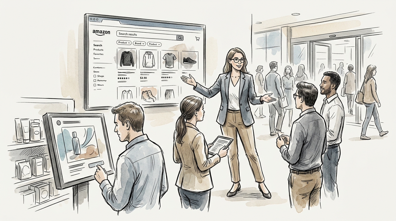 Illustration of shoppers using retail screens beside an Amazon product search display