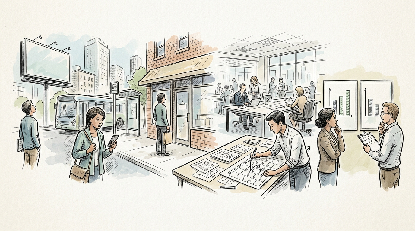 Illustration of urban transit, storefronts, coworkers, and people reviewing plans and charts