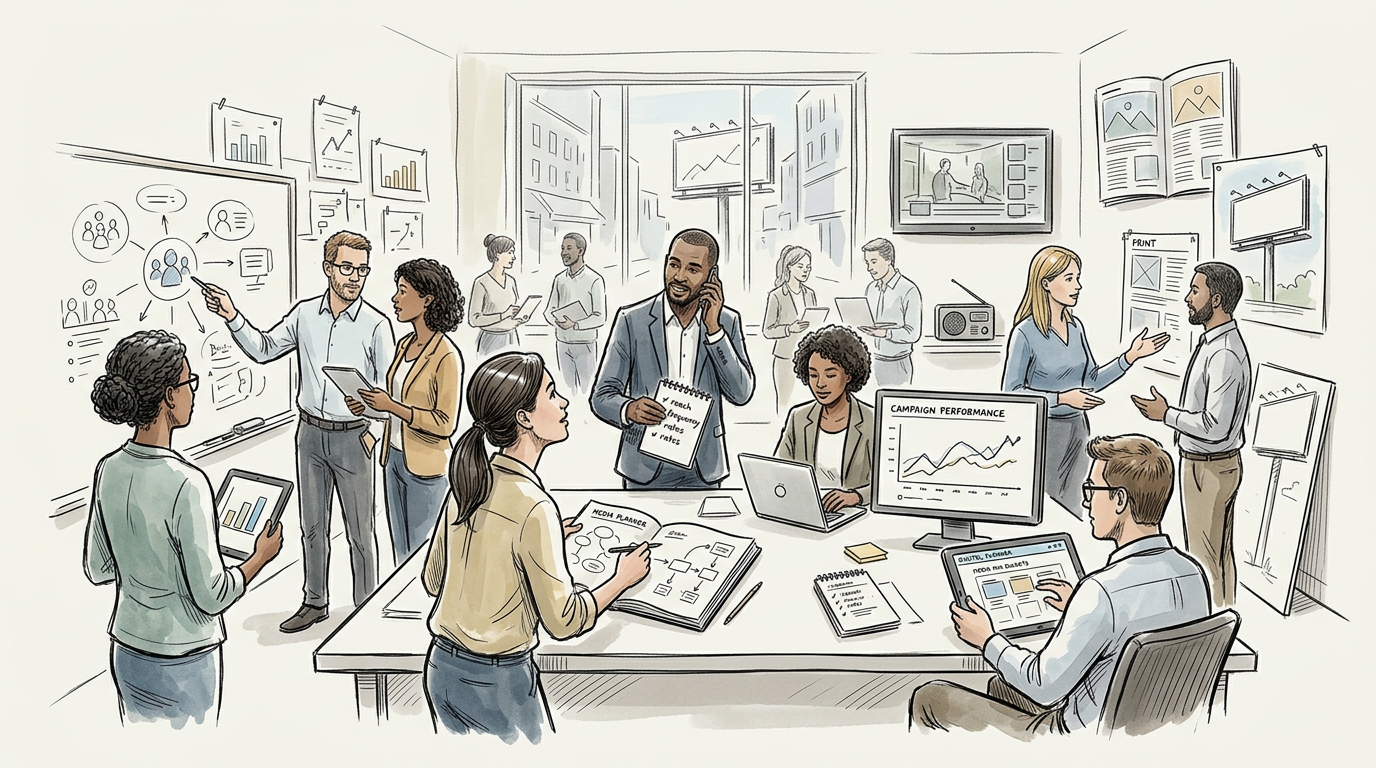Marketing team planning campaigns around charts, tablets, and a whiteboard