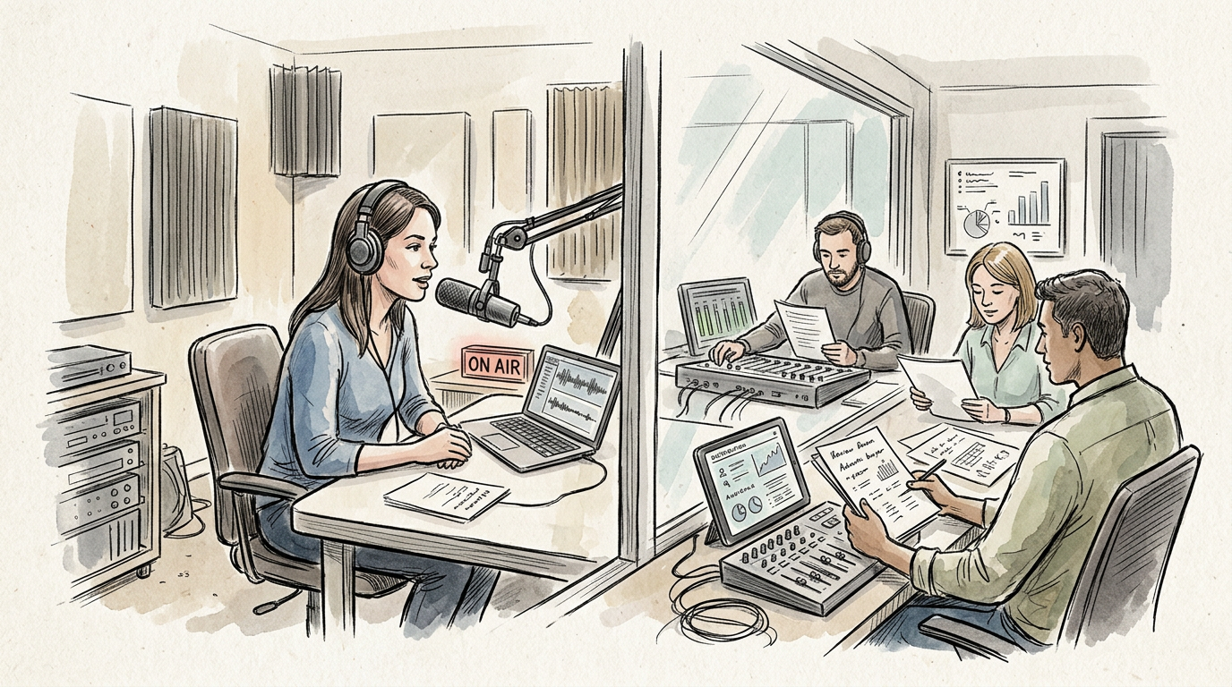 Podcast host speaking into microphone as production team works behind studio glass