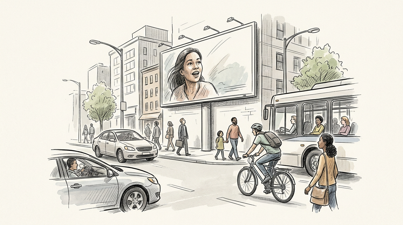 Busy city street with cars, bus, cyclist, pedestrians, and billboard