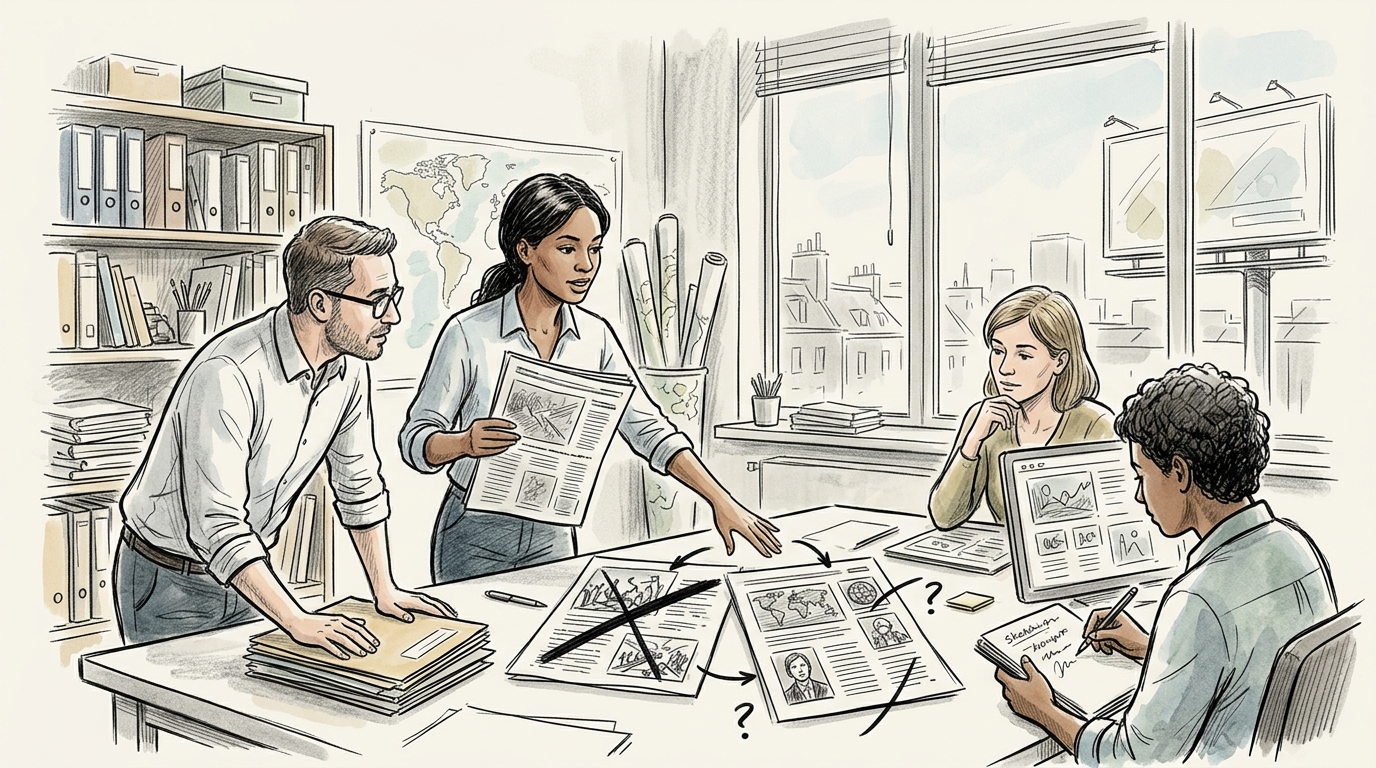 Four coworkers reviewing documents and notes around an office table