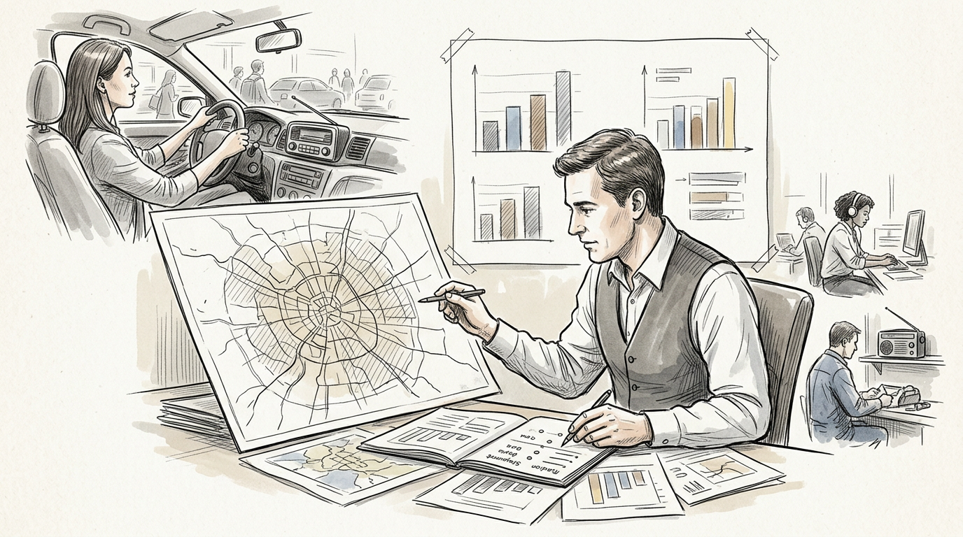 Urban planner reviewing traffic maps and charts beside transportation scenes