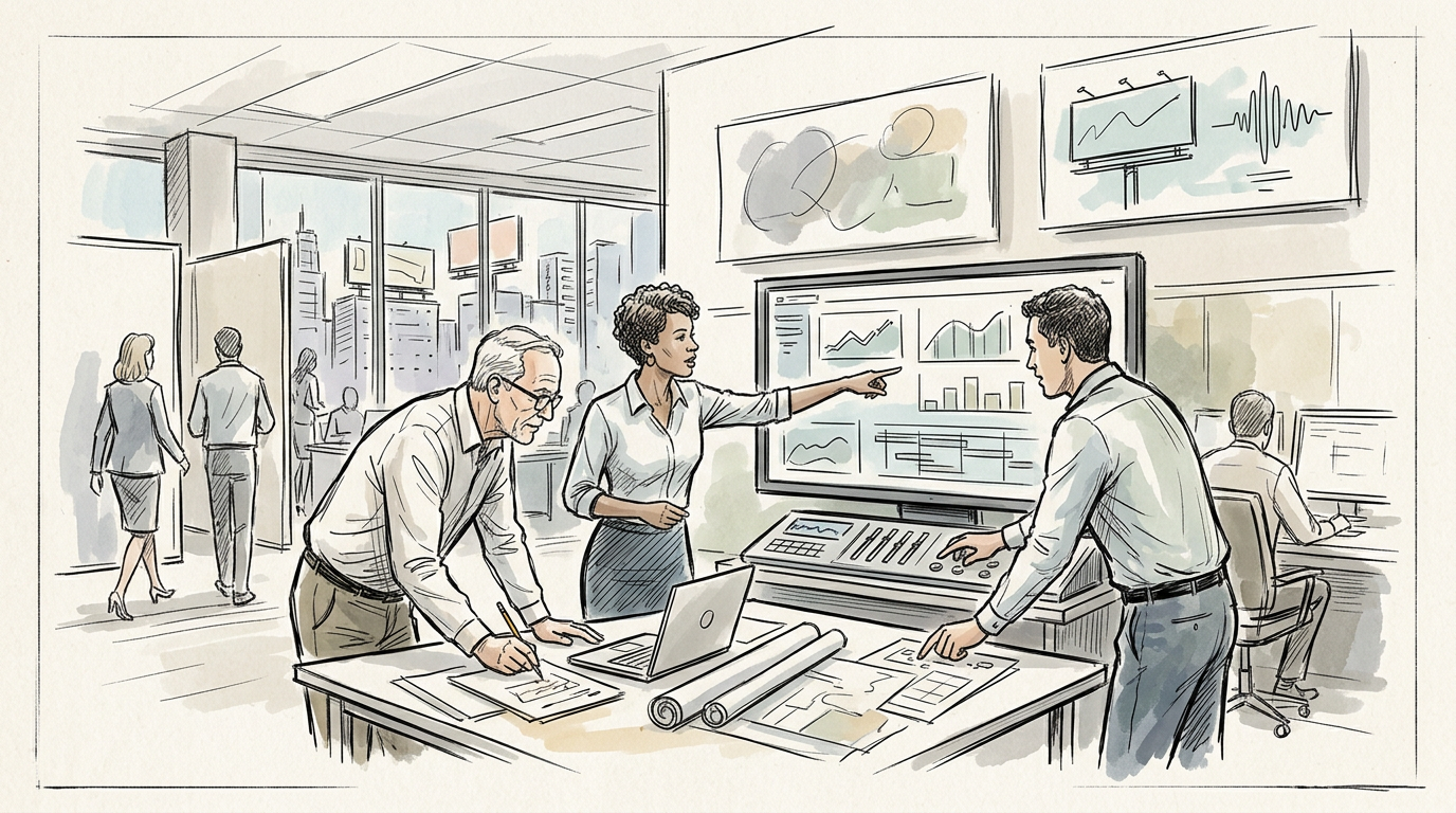 Team collaborating around plans and analytics displays in an office