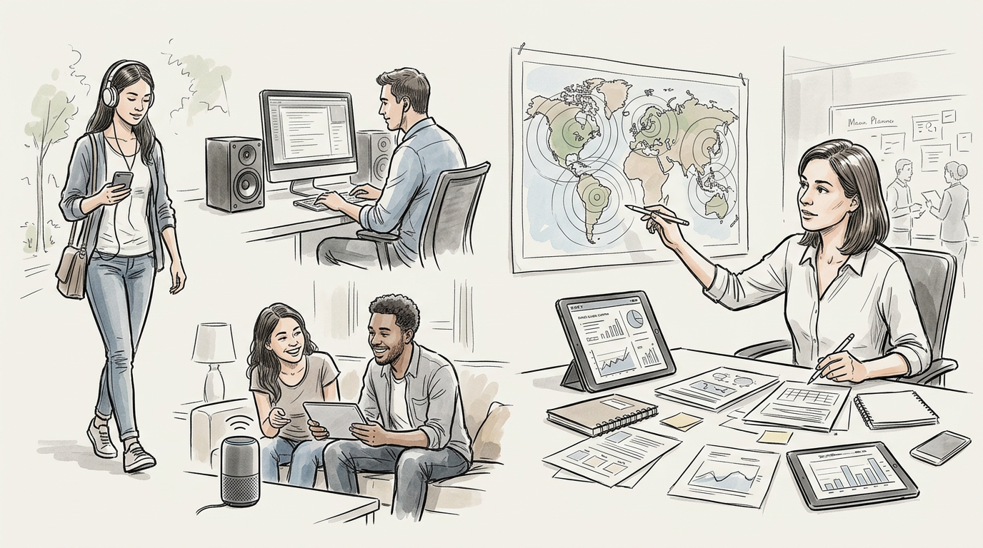 Illustration of people using technology for collaboration, analytics, and global planning