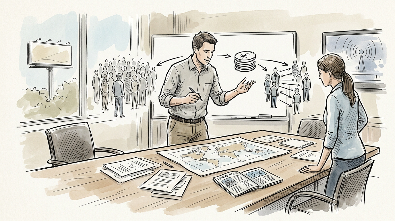 Illustrated team planning media distribution with audience networks and a world map