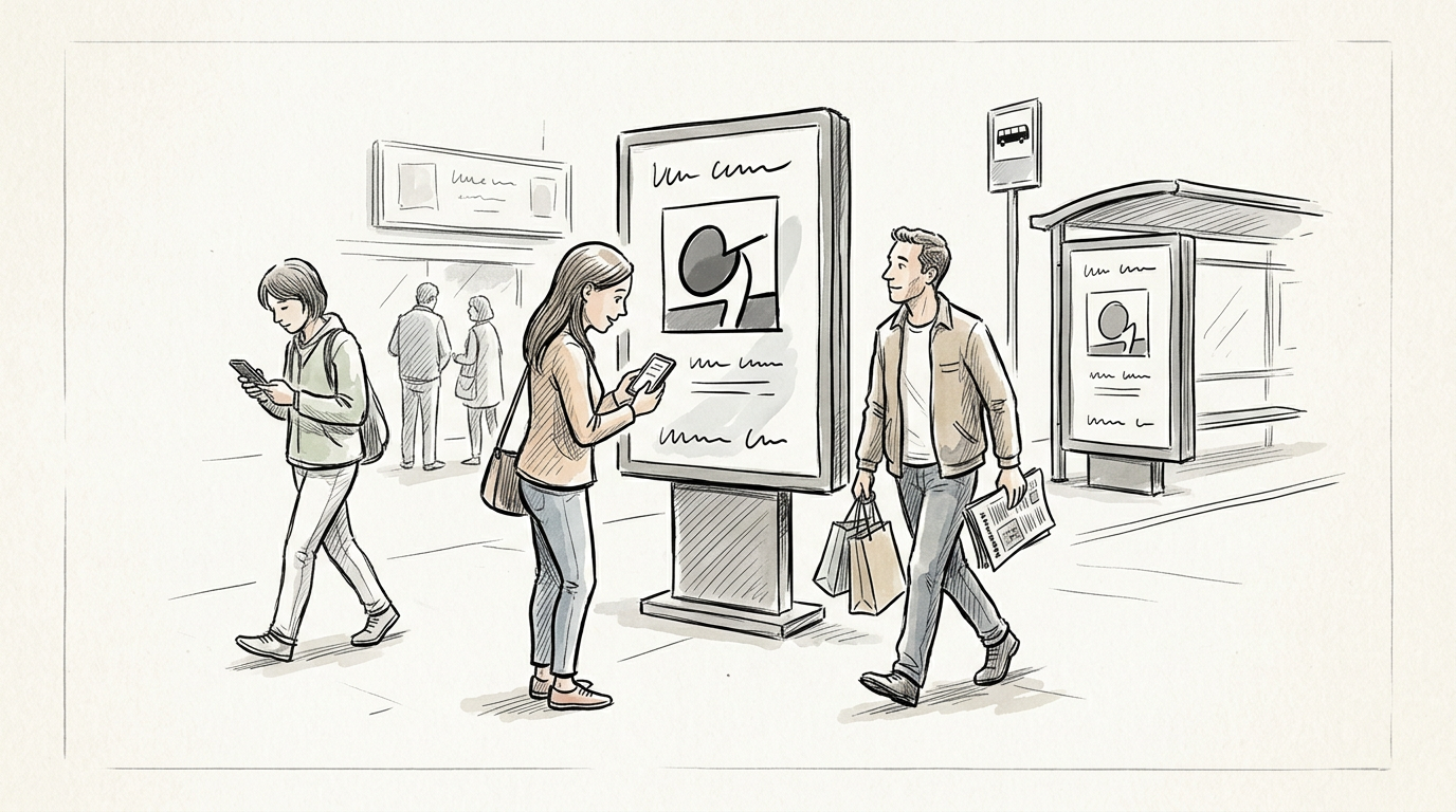 Three pedestrians pass advertising displays near a bus stop.