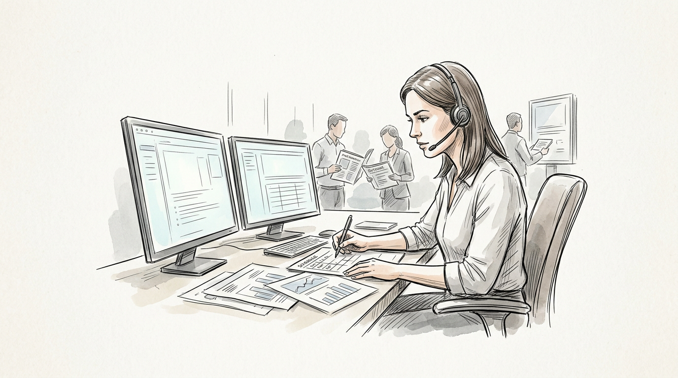 Professional wearing a headset reviews charts and reports at dual monitors