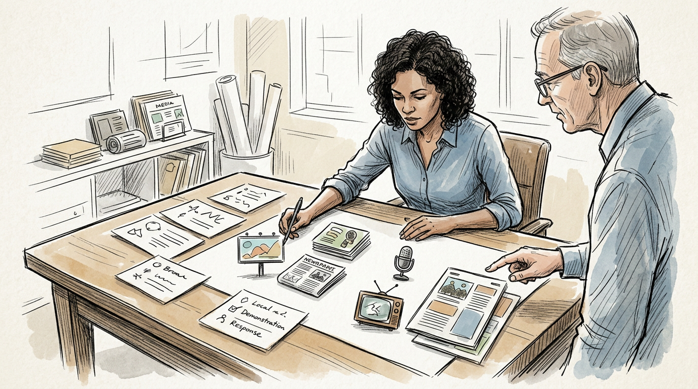 Two colleagues planning media content with newspapers, notes, and communication tools
