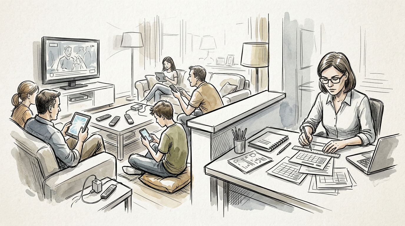 Family using devices in a living room beside a woman working at a desk