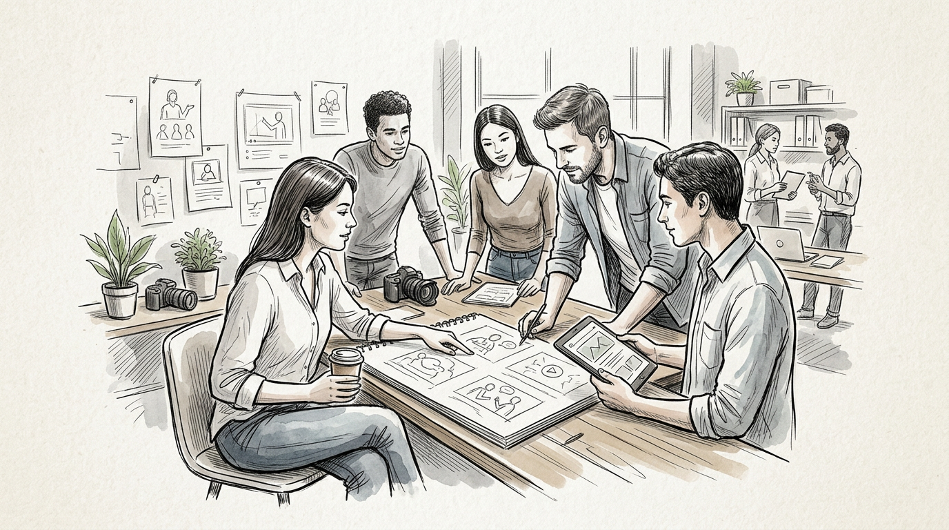 Creative team collaborating around sketches, cameras, and a tablet