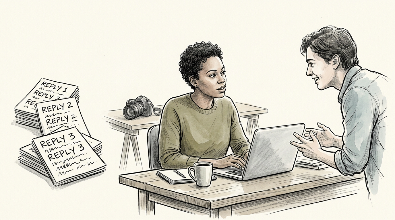 Two colleagues discuss a laptop beside papers labeled REPLY 1, REPLY 2, and REPLY 3.