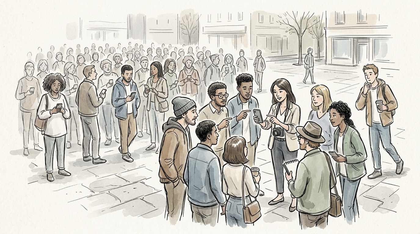 Diverse crowd socializing with smartphones on a city street