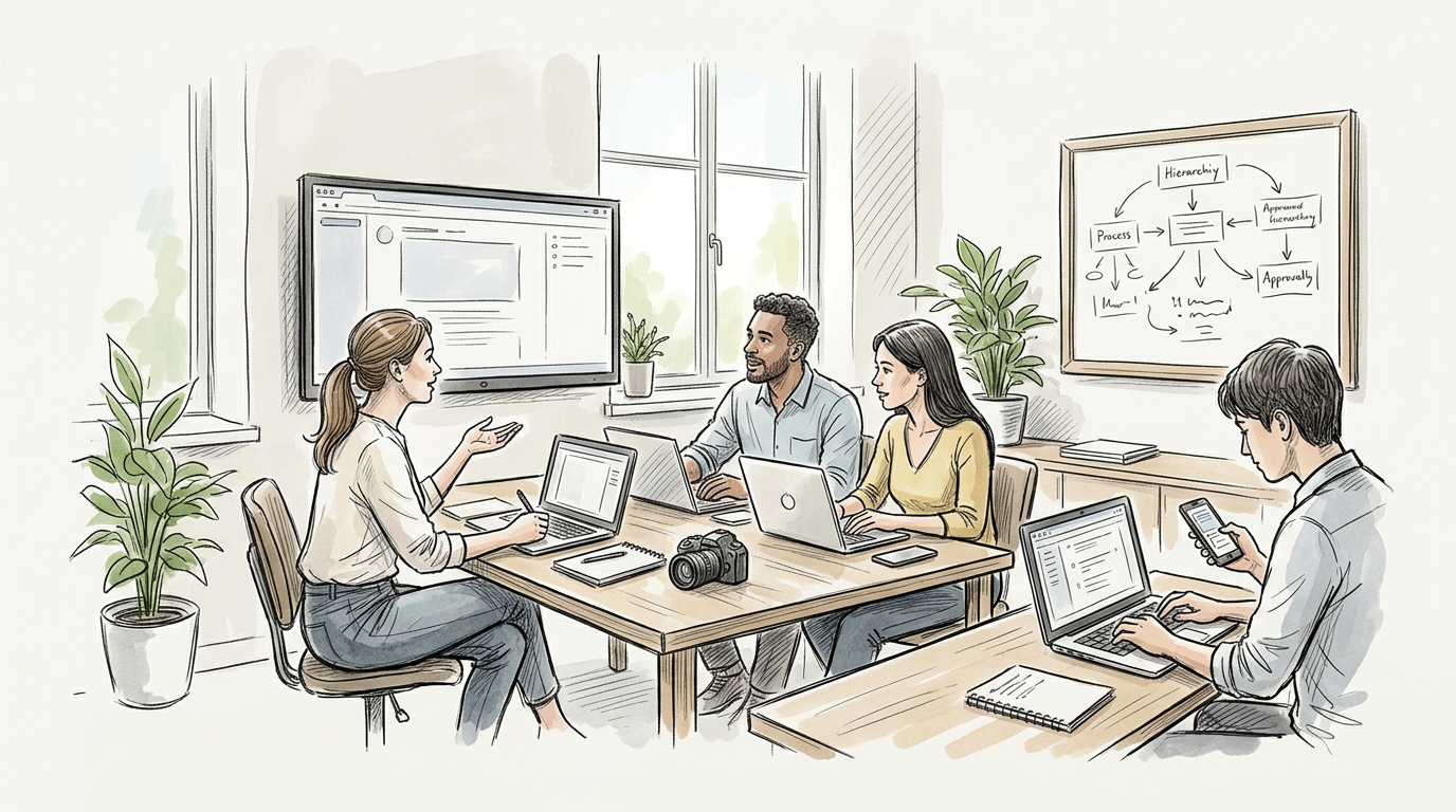 Communications team coordinating social media responsibilities