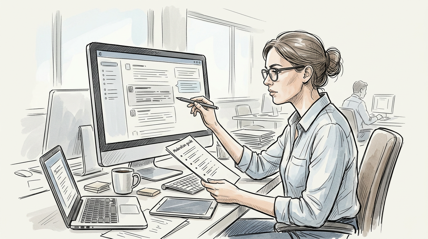 Professional reviewing a navigation guide beside a desktop computer