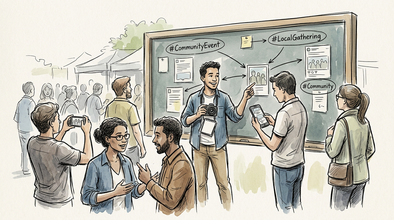 People planning a community event around a board labeled #CommunityEvent and #LocalGathering
