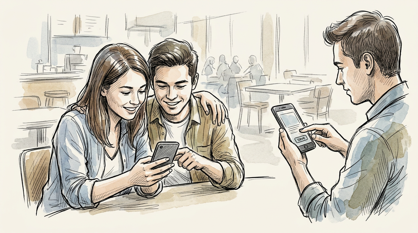 Two customers review a smartphone as a staff member demonstrates a saved form
