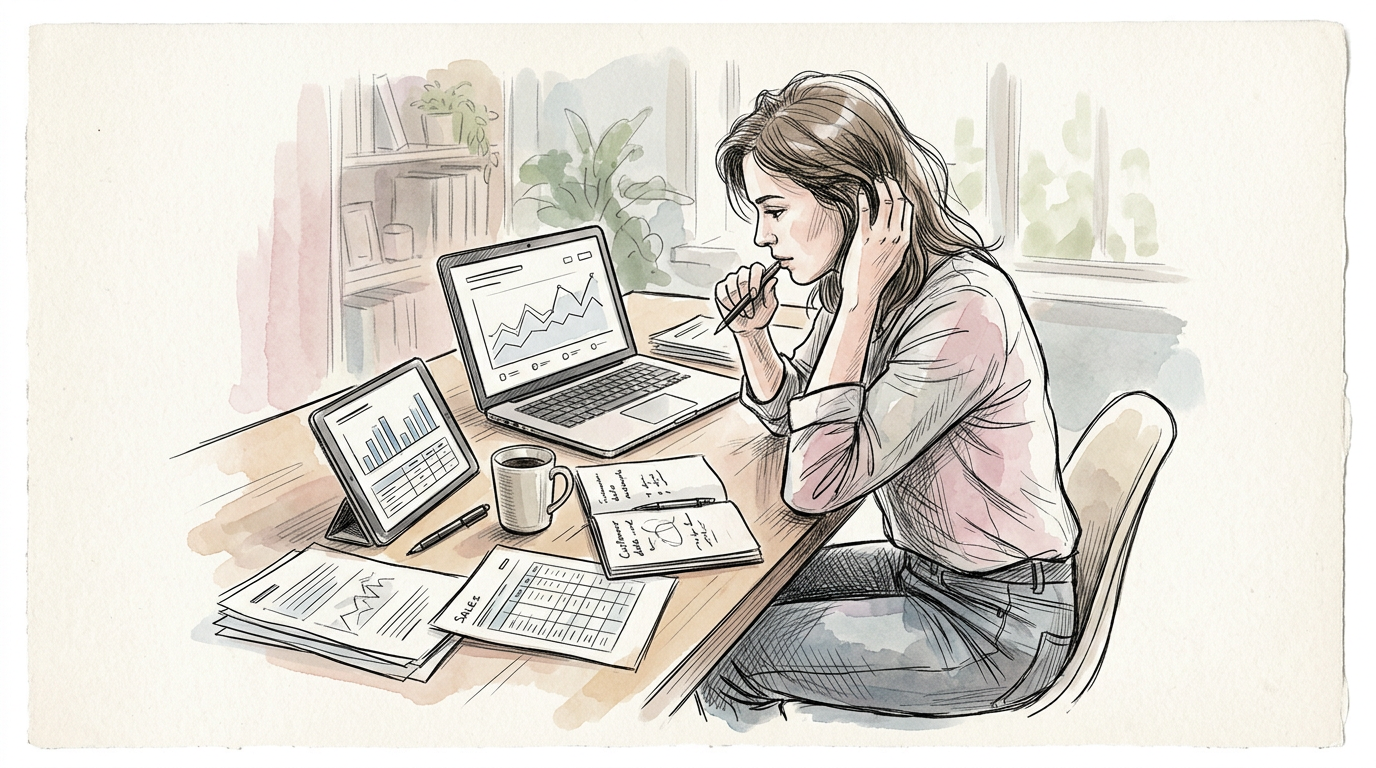 Woman analyzing charts and notes at a desk with a laptop and tablet