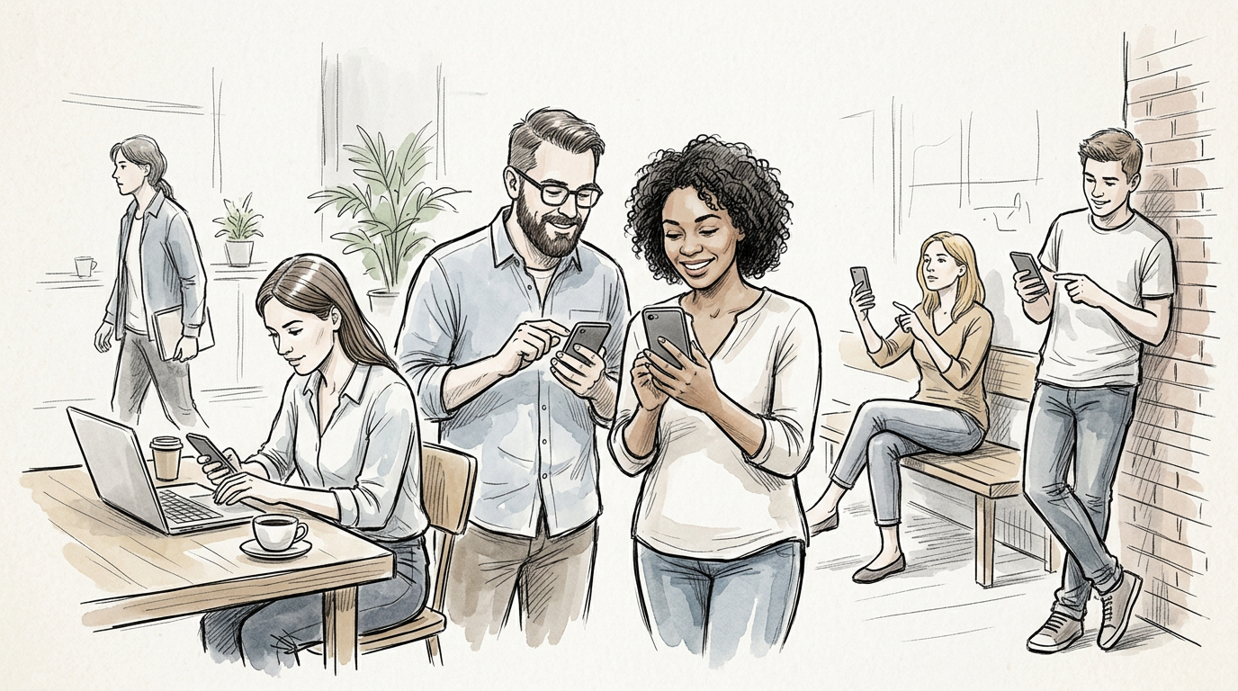 Diverse people working and communicating with laptops and smartphones in a café