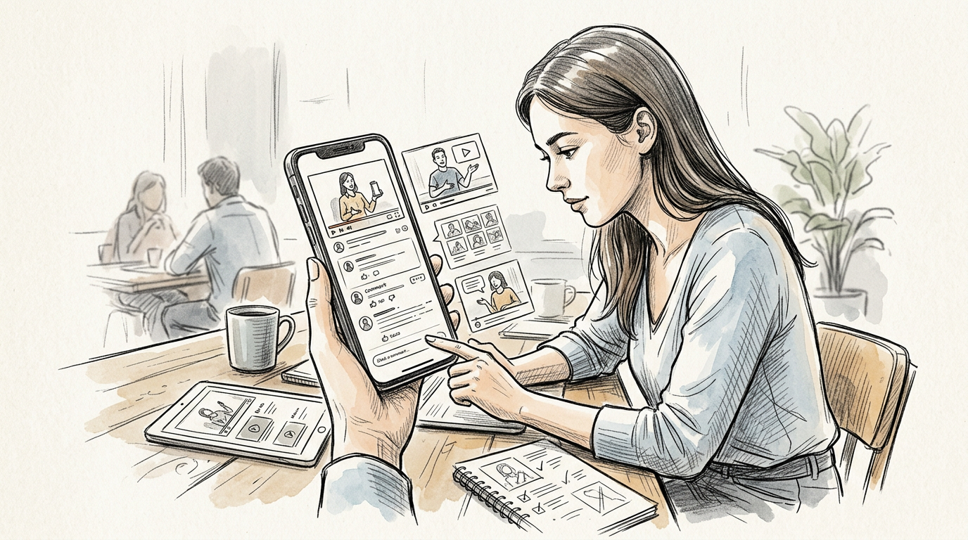 Woman reviewing social media content on a smartphone in a cafe