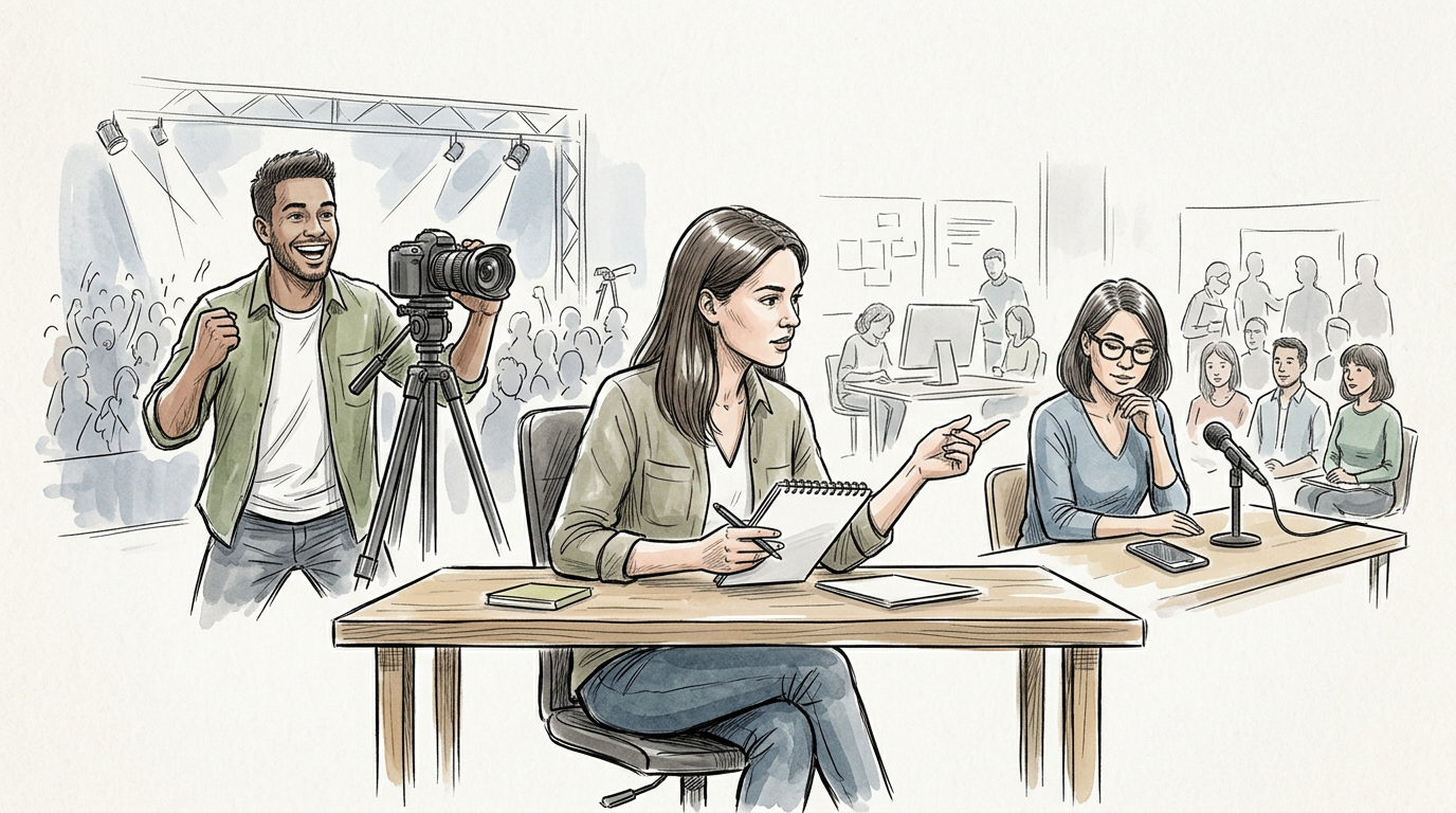 Team planning a video production with camera, notebook, and microphone