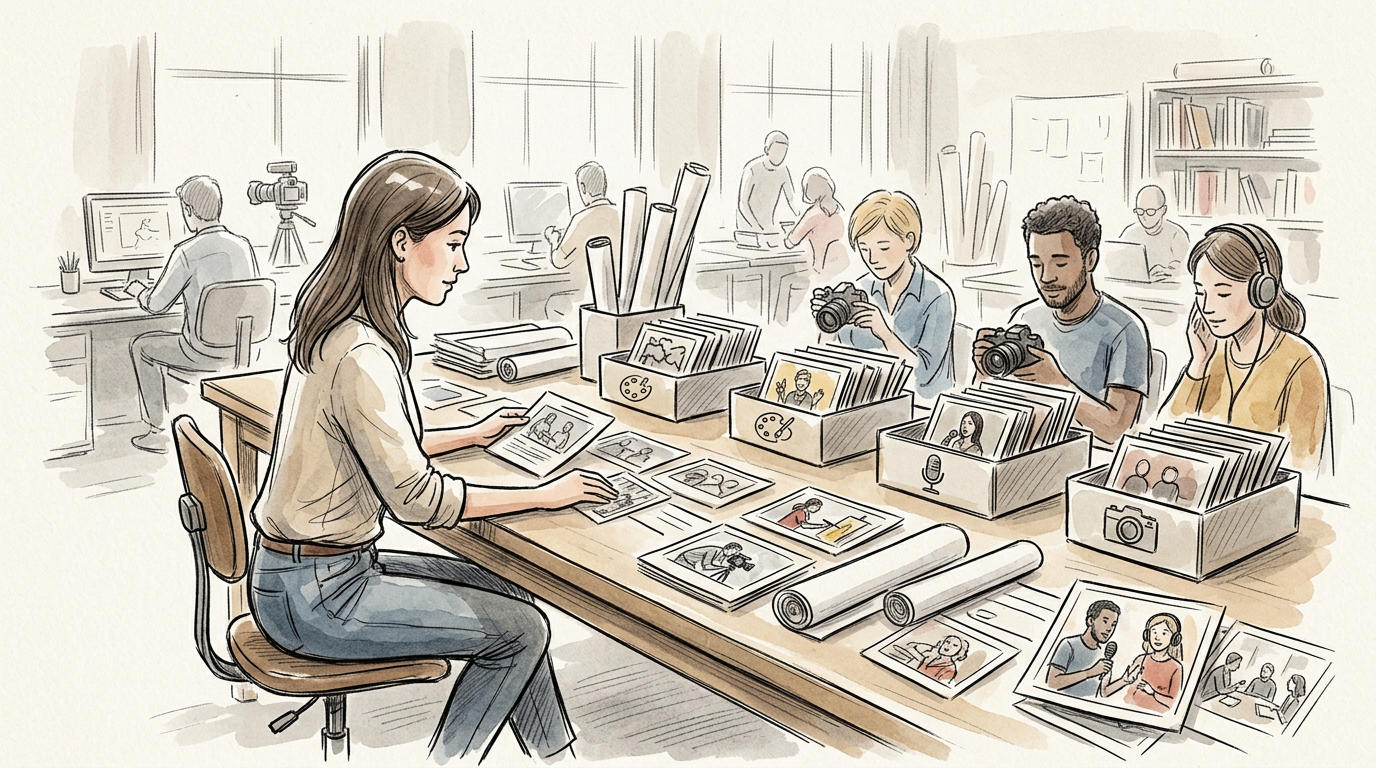 Creative team sorting photographs and working in a busy studio