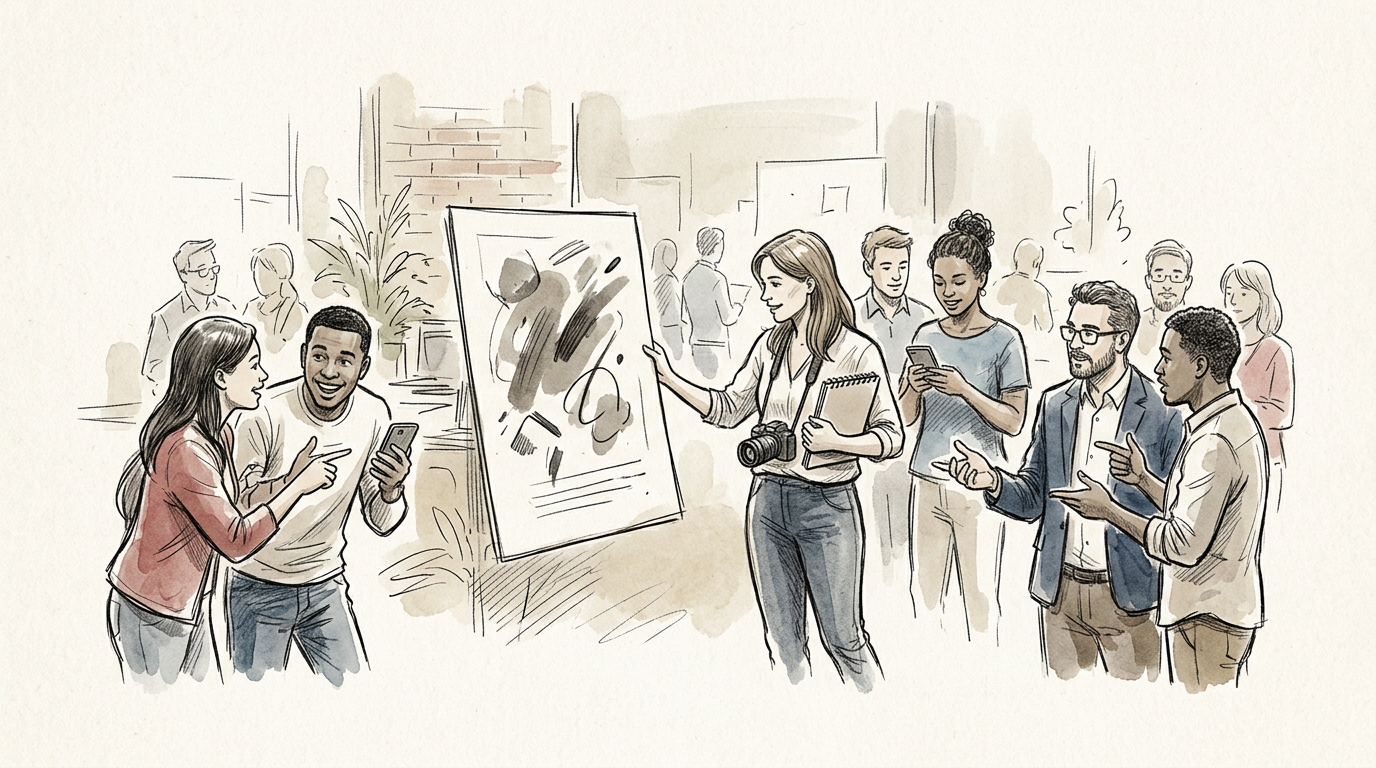 Professionals networking and discussing ideas around an abstract art display