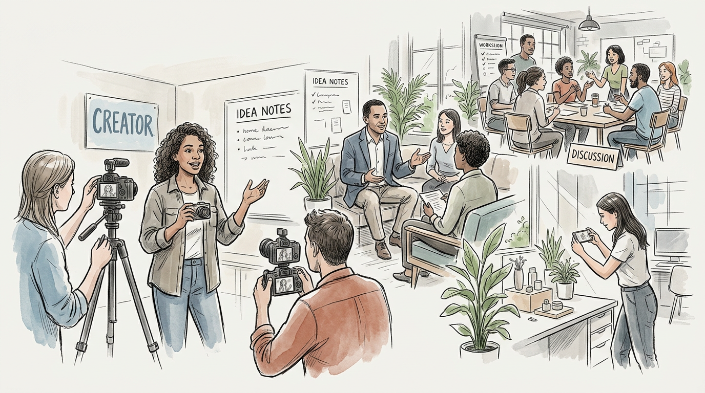 Creators filming, brainstorming, and discussing ideas in a collaborative workshop