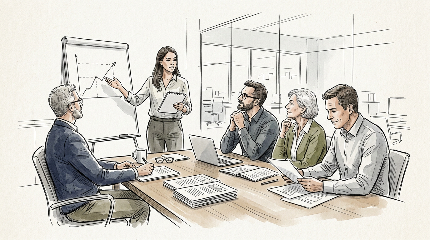 Business team discussing strategy around a table with charts and documents