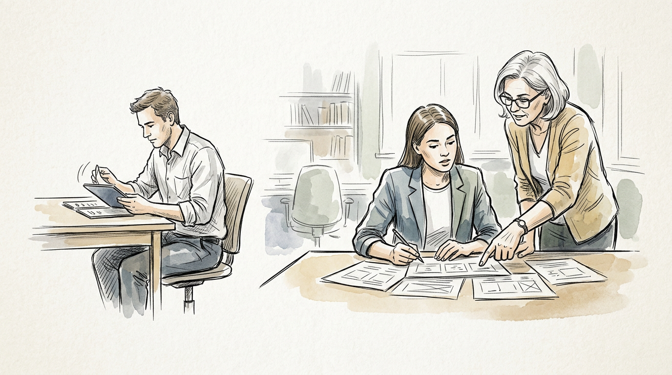 Three professionals working with documents and a tablet in an office