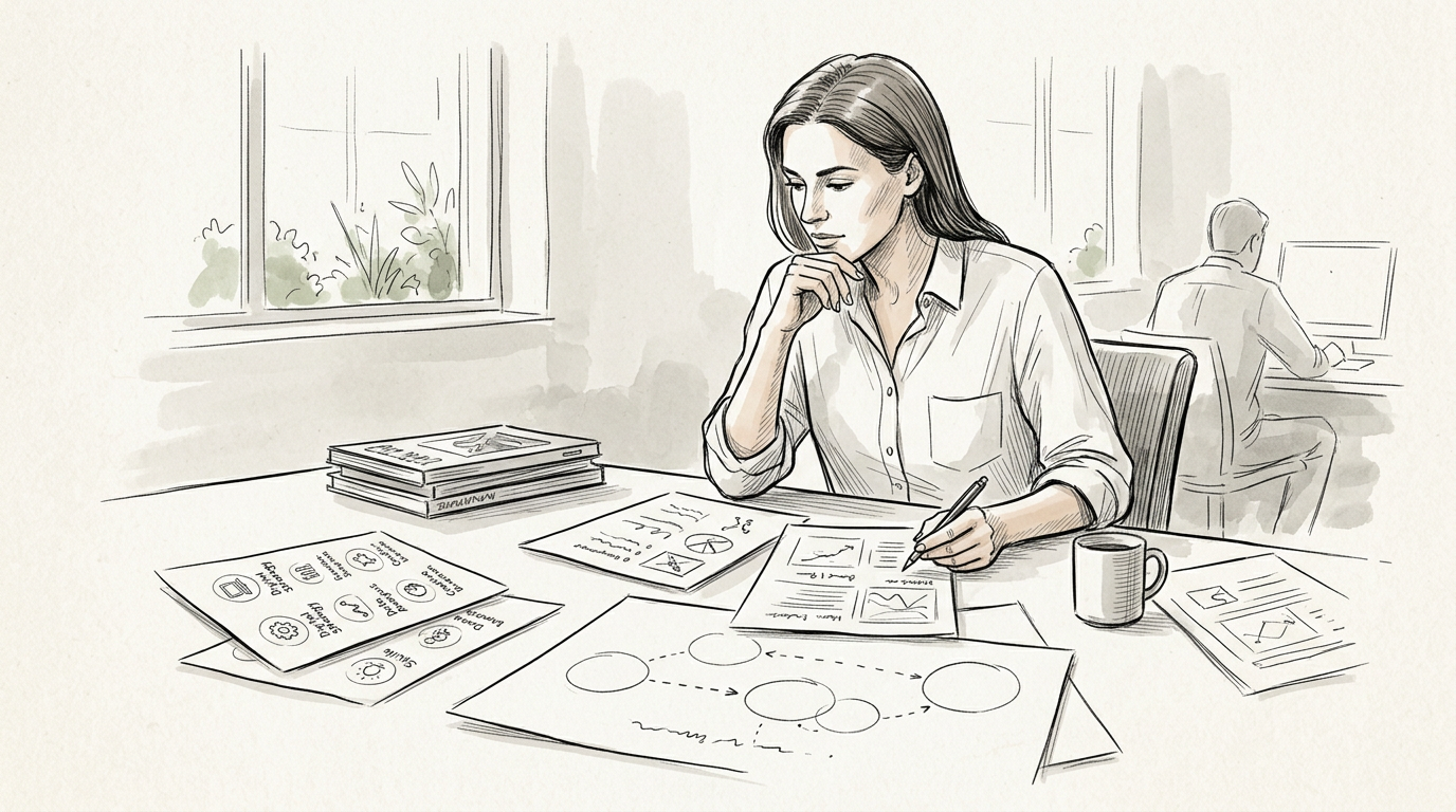 Professional reviewing charts and notes at an office table