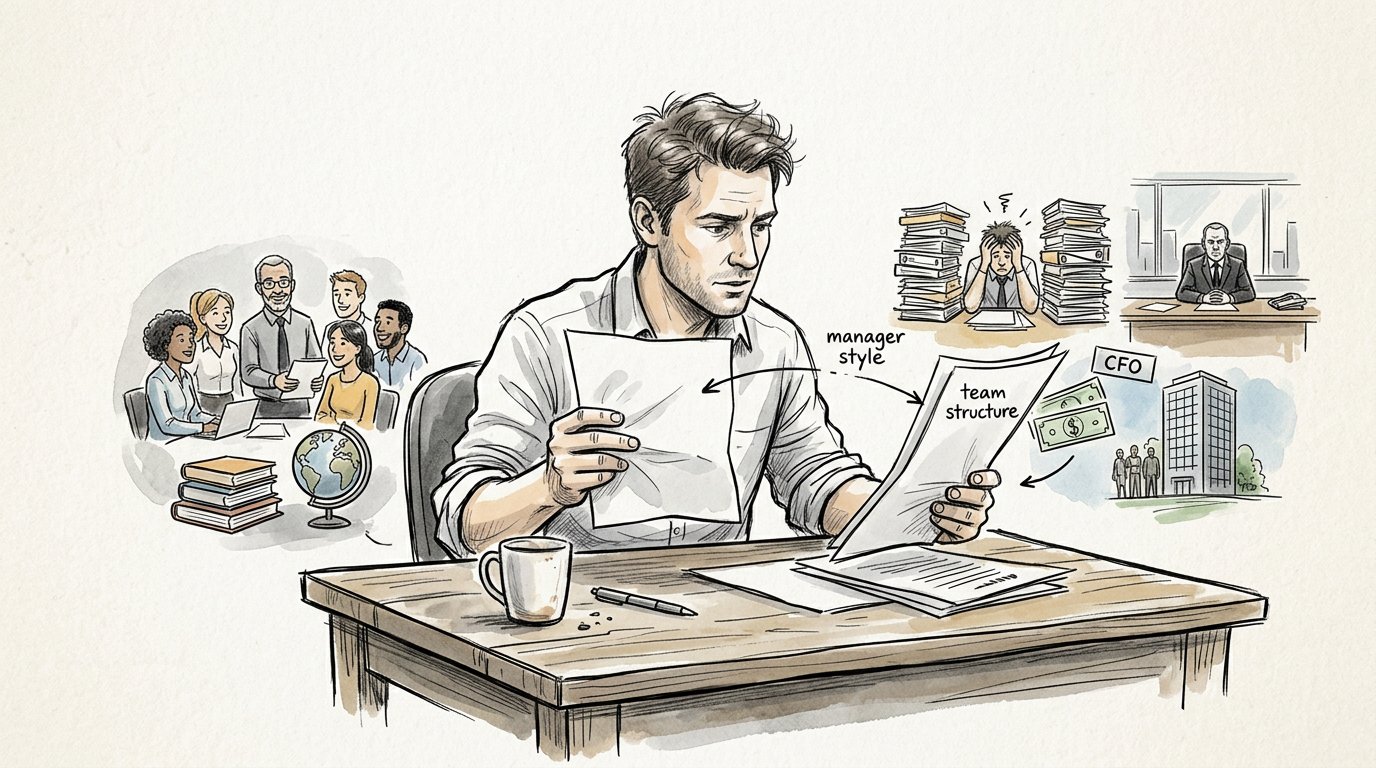 Illustration of overwhelmed manager reviewing documents about team structure and CFO finances