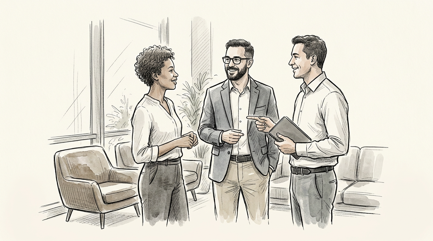 Three colleagues discussing ideas in a modern office lounge