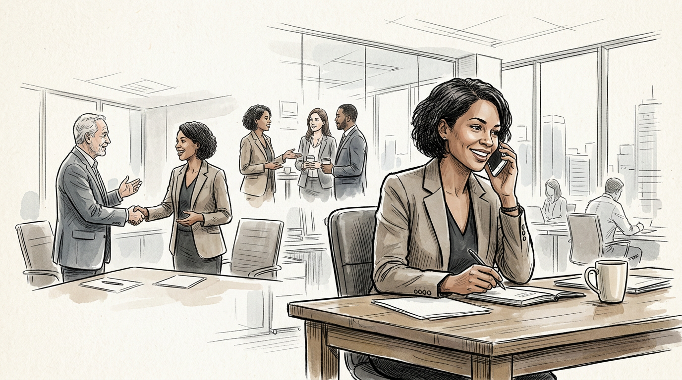 Professionals collaborating in a modern office while a woman takes notes on a phone call