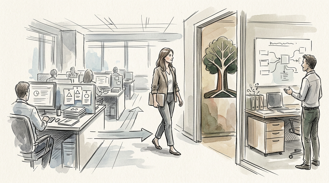 Woman walking from office desks toward a man presenting a workflow diagram