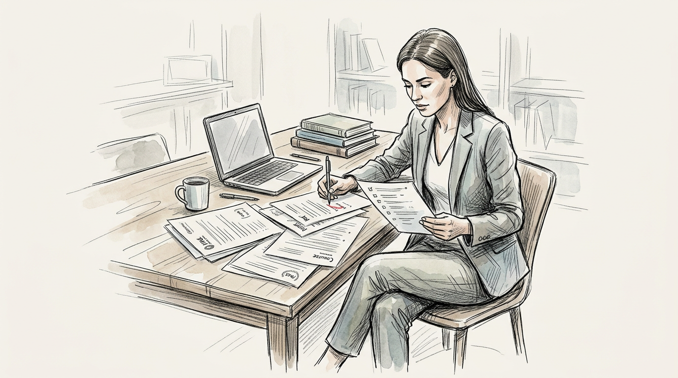 Professional reviewing documents at a desk beside a laptop